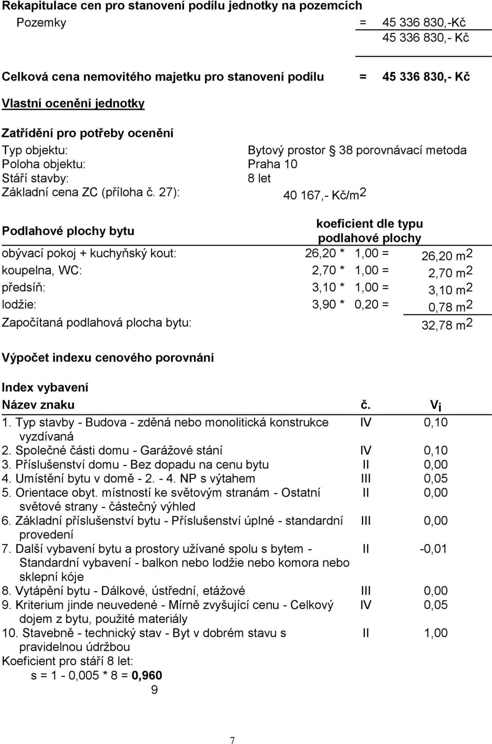 27): 40 167,- Kč/m 2 Podlahové plochy bytu koeficient dle typu podlahové plochy obývací pokoj + kuchyňský kout: 26,20 * 1,00 = 26,20 m 2 koupelna, WC: 2,70 * 1,00 = 2,70 m 2 předsíň: 3,10 * 1,00 =