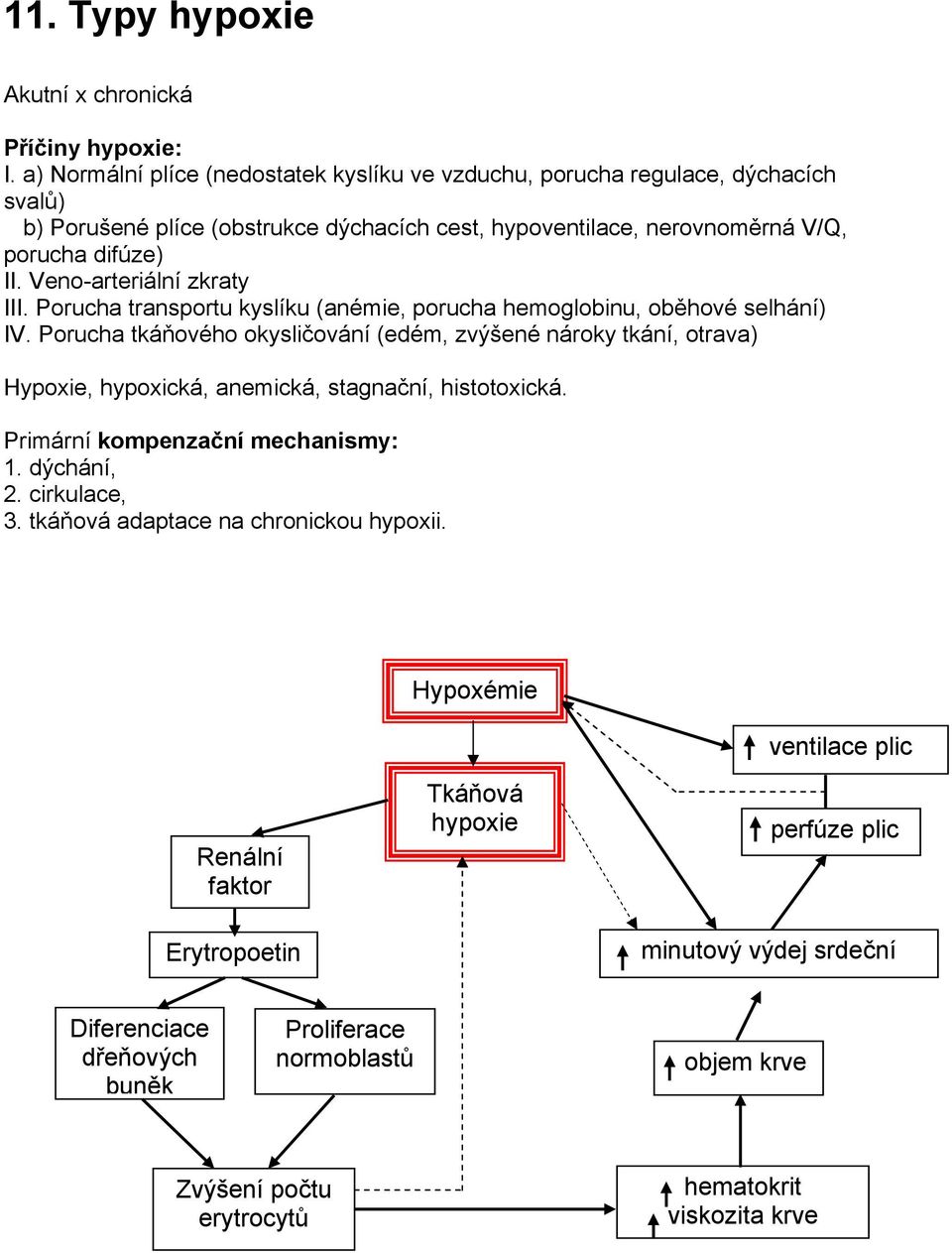 Veno-arteriální zkraty III. Porucha transportu kyslíku (anémie, porucha hemoglobinu, oběhové selhání) IV.