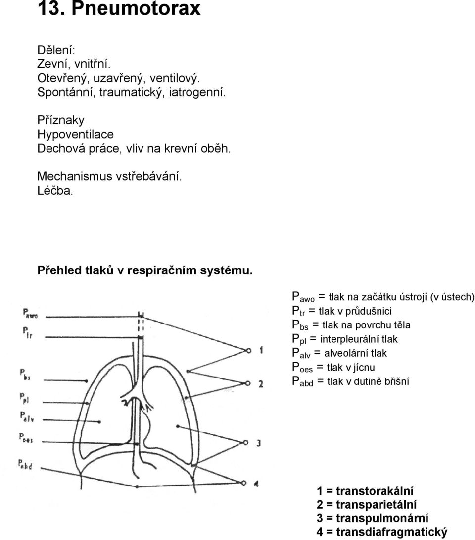 P awo = tlak na začátku ústrojí (v ústech) P tr = tlak v průdušnici P bs = tlak na povrchu těla P pl = interpleurální tlak P alv