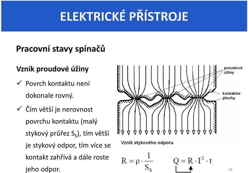 Čím větší je nerovnost povrchu kontaktu (malý stykový průřez S