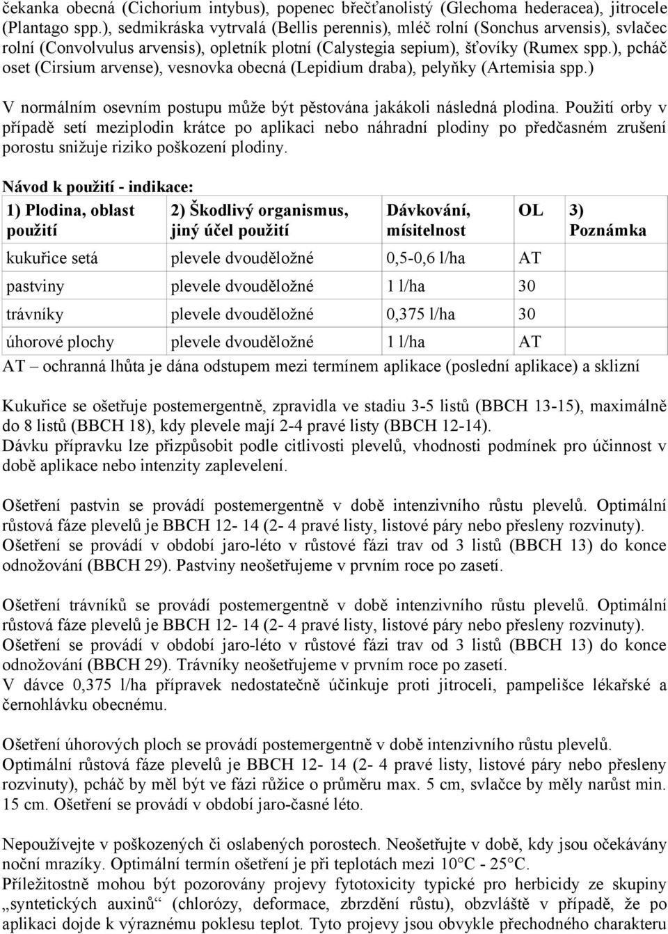 ), pcháč oset (Cirsium arvense), vesnovka obecná (Lepidium draba), pelyňky (Artemisia spp.) V normálním osevním postupu může být pěstována jakákoli následná plodina.