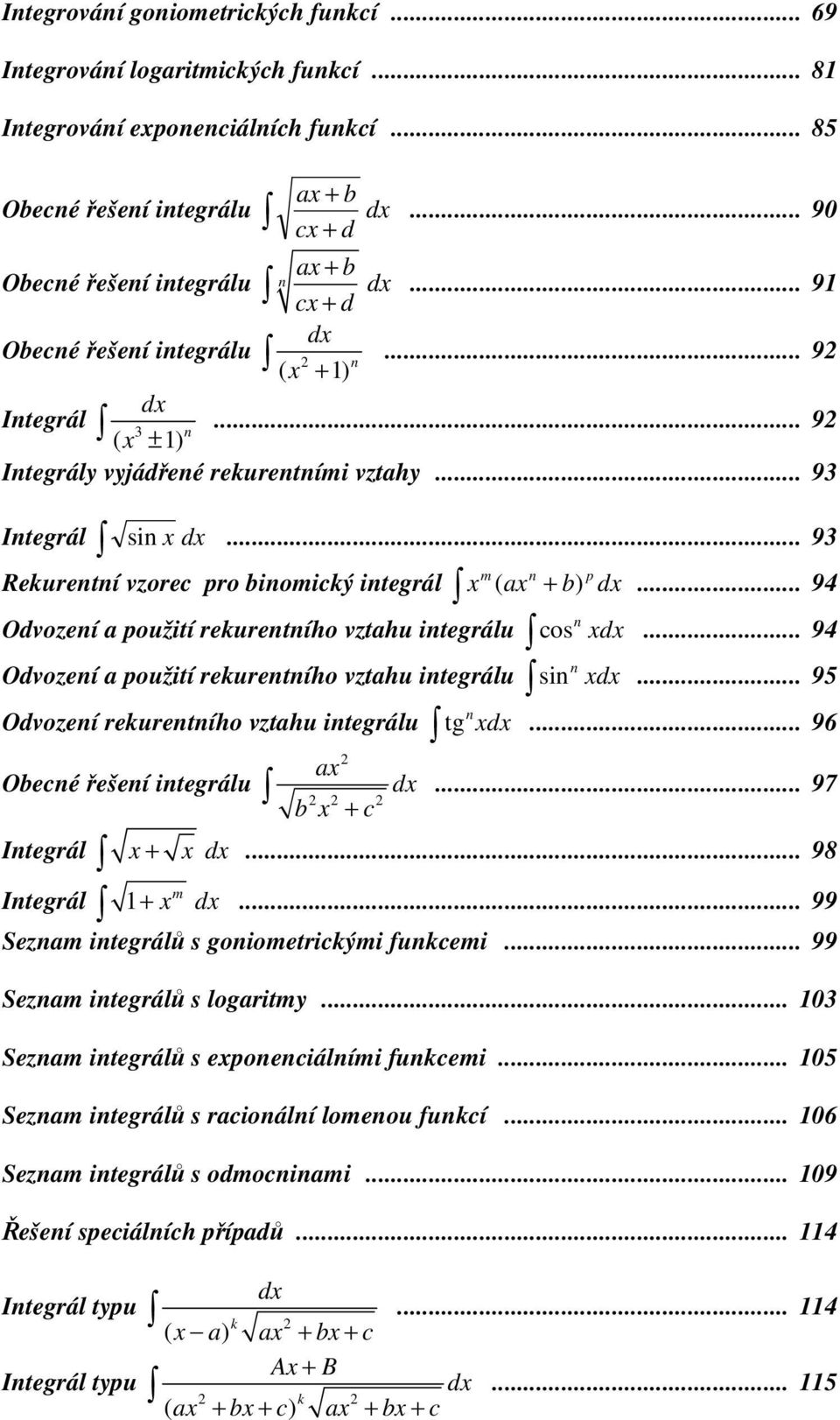 .. 9 Odvození použití rekurentního vzthu integrálu cos n x... 9 Odvození použití rekurentního vzthu integrálu sin n x... 9 Odvození rekurentního vzthu integrálu tg n x.