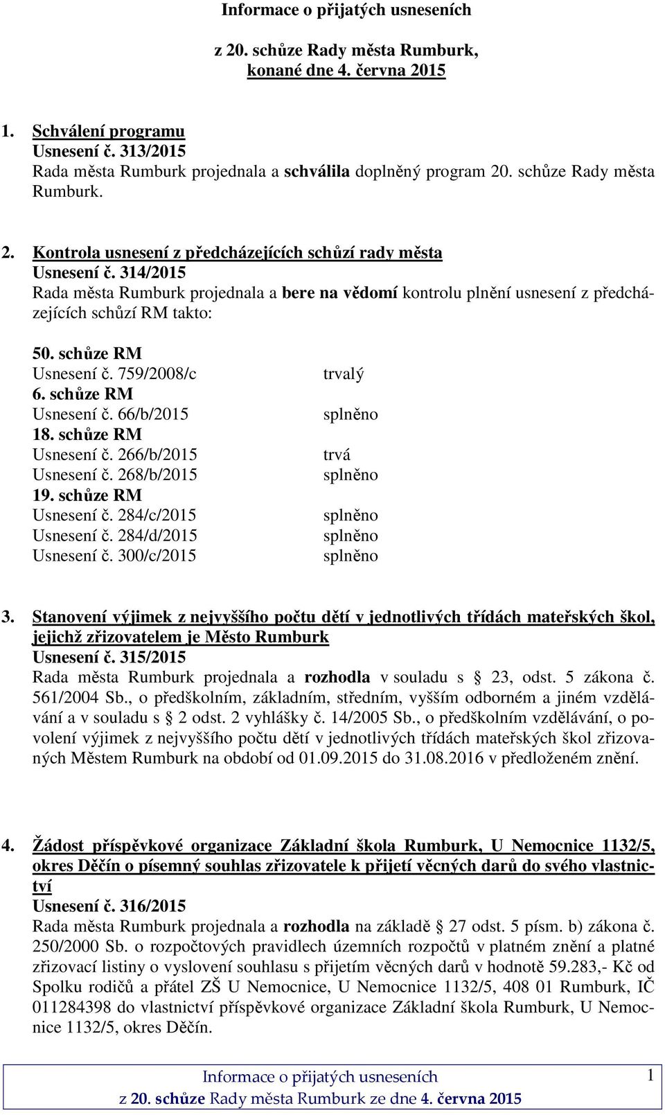 schůze RM Usnesení č. 266/b/2015 Usnesení č. 268/b/2015 19. schůze RM Usnesení č. 284/c/2015 Usnesení č. 284/d/2015 Usnesení č. 300/c/2015 trvalý trvá 3.