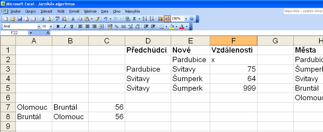 Jako výchozí bod si zvolíme například město Pardubice. Spustíme vyhledávání a objeví se chybné okno, které říká, že je graf nesouvislý. Všechny kolonky na formuláři zůstanou prázdné.