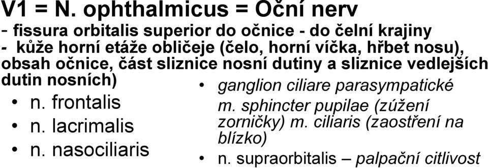 obličeje (čelo, horní víčka, hřbet nosu), obsah očnice, část sliznice nosní dutiny a sliznice