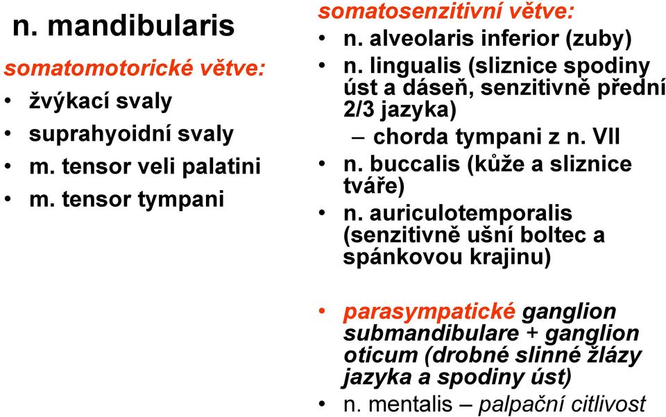 lingualis (sliznice spodiny úst a dáseň, senzitivně přední 2/3 jazyka) chorda tympani z n. VII n.