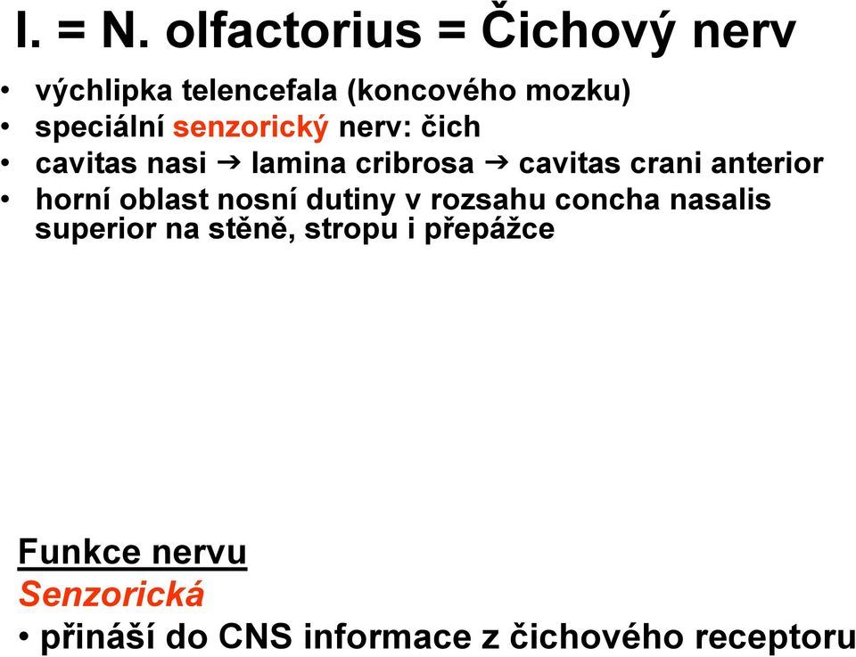 senzorický nerv: čich cavitas nasi lamina cribrosa cavitas crani anterior horní