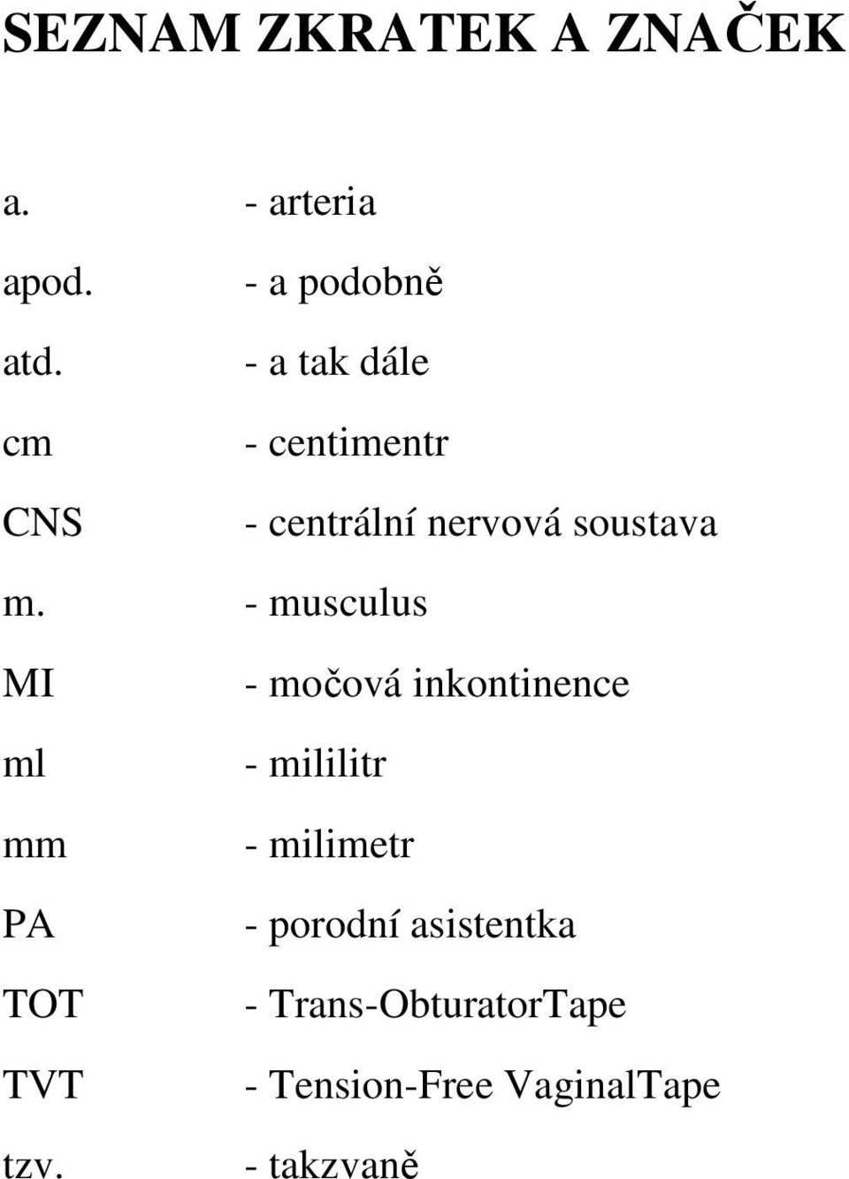 - musculus - centrální nervová soustava MI ml mm PA TOT TVT tzv.