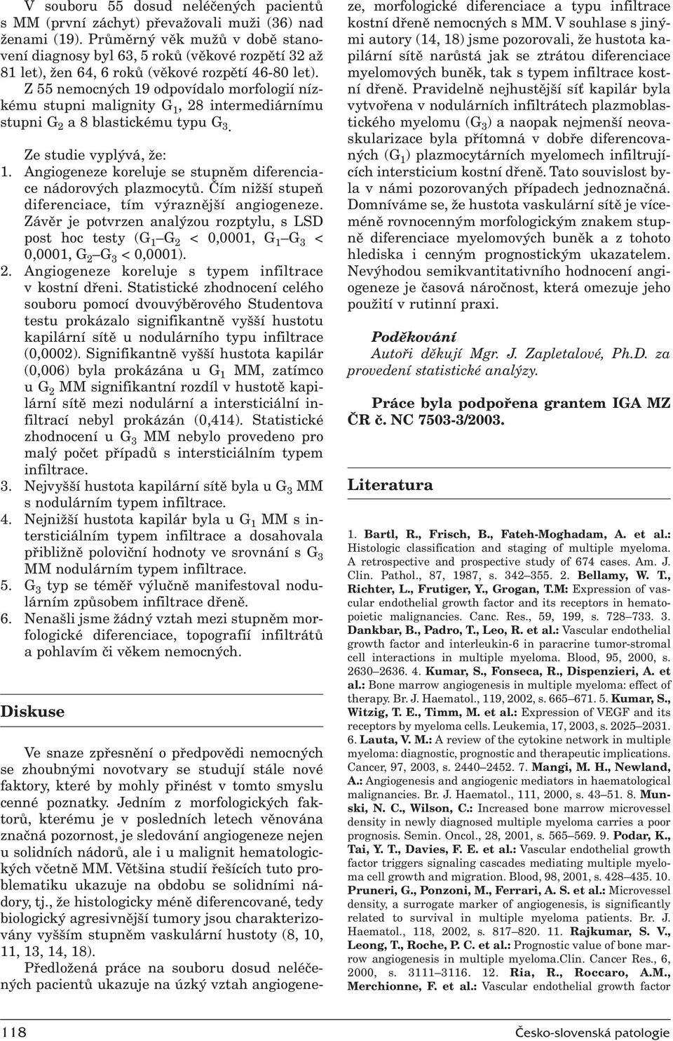 Z 55 nemocných 19 odpovídalo morfologií nízkému stupni malignity G 1, 28 intermediárnímu stupni G 2 a8 blastickému typu G 3. Ze studie vyplývá, že: 1.