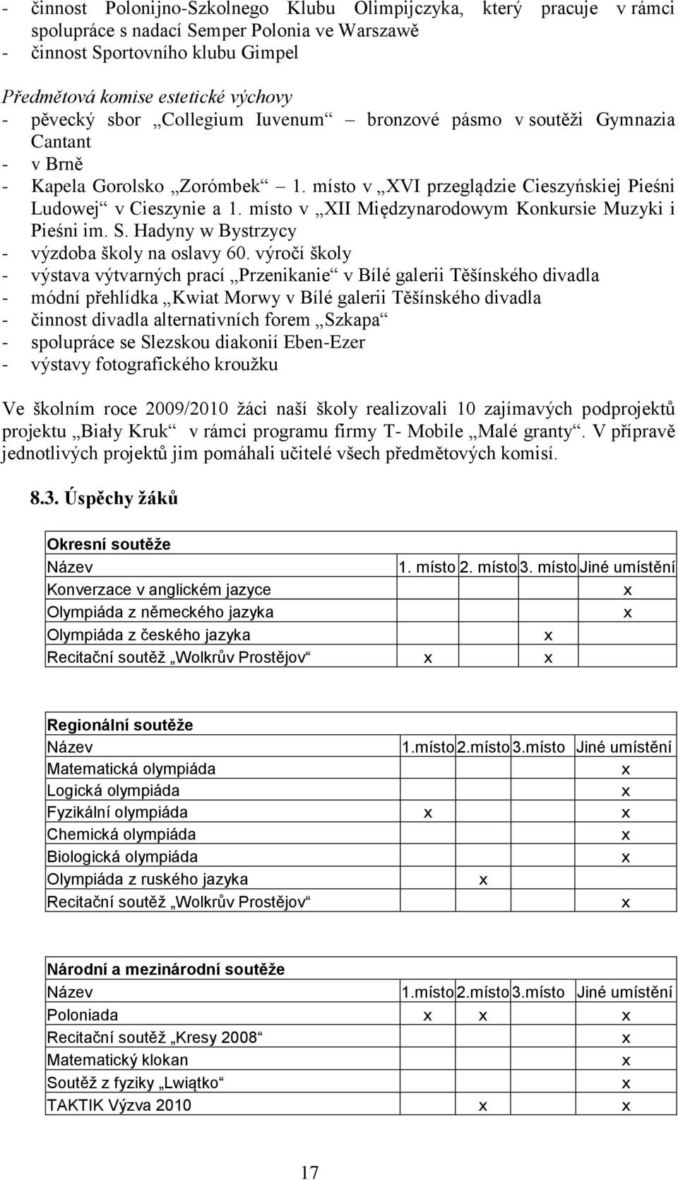 místo v XII Międzynarodowym Konkursie Muzyki i Pieśni im. S. Hadyny w Bystrzycy - výzdoba školy na oslavy 60.