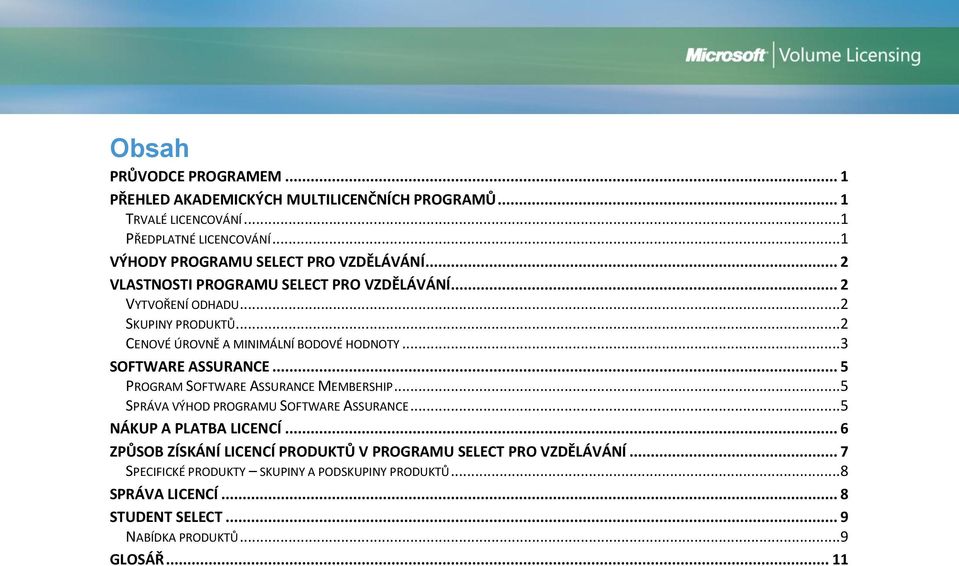 .. 2 CENOVÉ ÚROVNĚ A MINIMÁLNÍ BODOVÉ HODNOTY... 3 SOFTWARE ASSURANCE... 5 PROGRAM SOFTWARE ASSURANCE MEMBERSHIP... 5 SPRÁVA VÝHOD PROGRAMU SOFTWARE ASSURANCE.