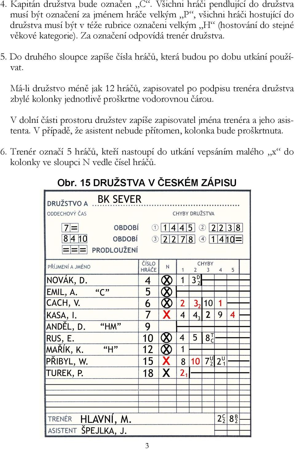 kategorie). Za označení odpovídá trenér družstva. 5. Do druhého sloupce zapíše čísla hráčů, která budou po dobu utkání používat.