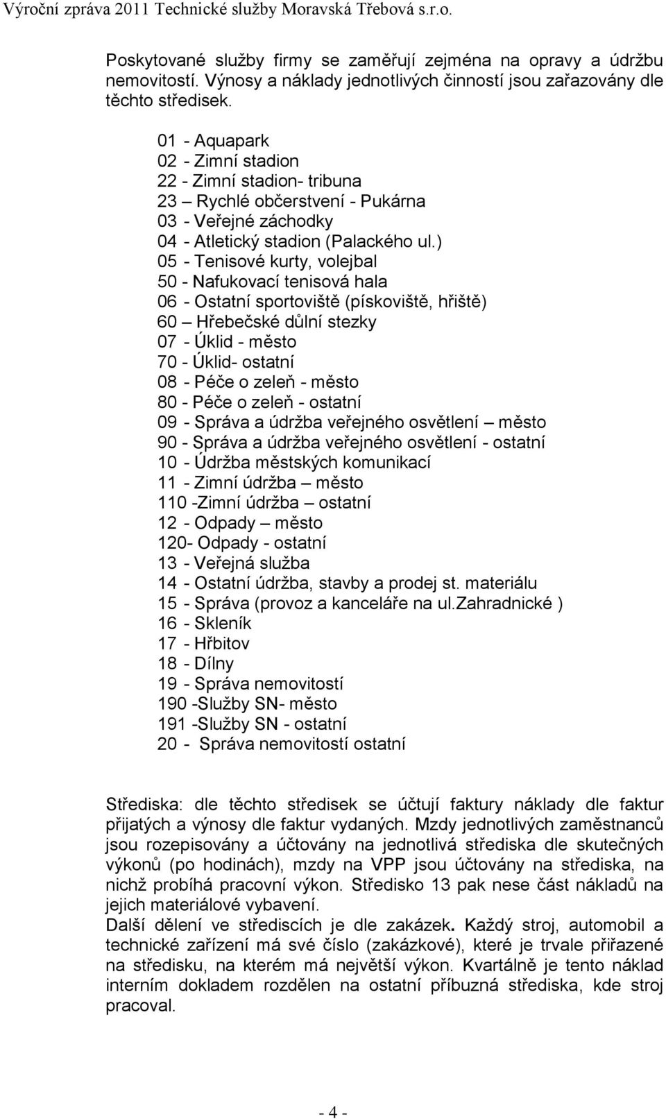 ) 05 - Tenisové kurty, volejbal 50 - Nafukovací tenisová hala 06 - Ostatní sportoviště (pískoviště, hřiště) 60 Hřebečské důlní stezky 07 - Úklid - město 70 - Úklid- ostatní 08 - Péče o zeleň - město