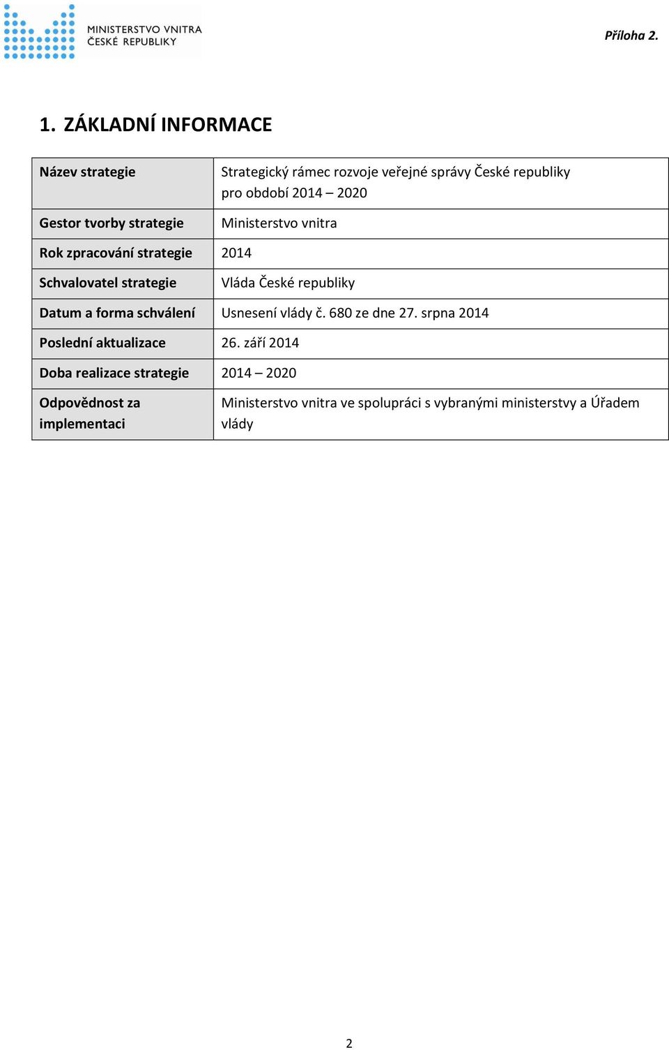 Datum a forma schválení Usnesení vlády č. 680 ze dne 27. srpna 2014 Poslední aktualizace 26.