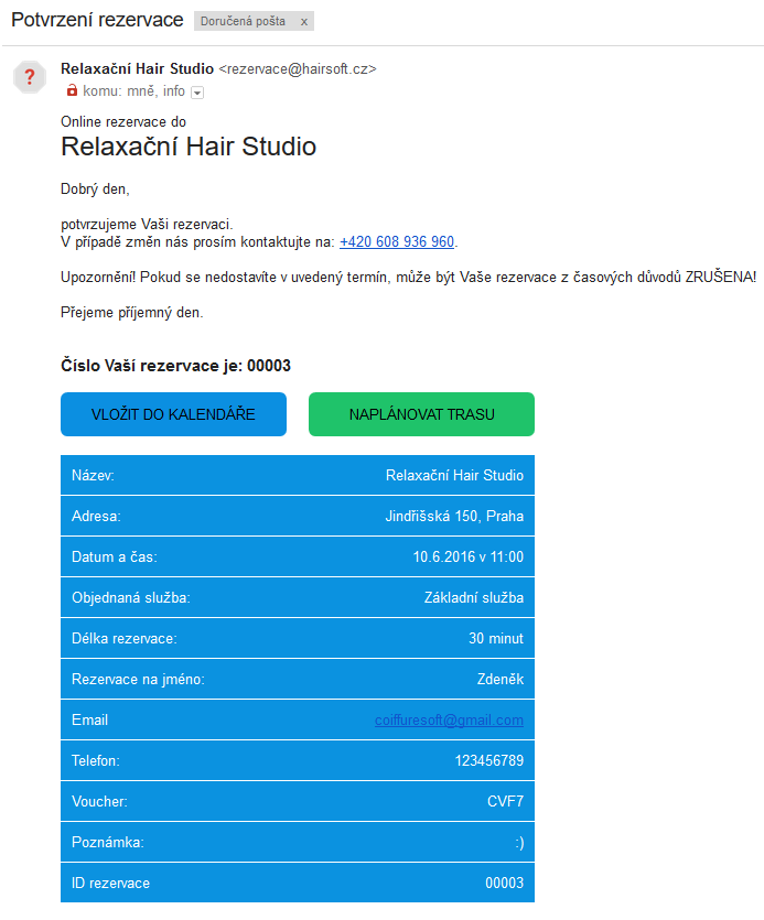 Ukázka emailu, který dojde zákazníkovi, včetně naplánování trasy a