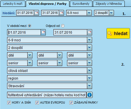 Procesy Vyhledávání V Travelviewer lze vyhledávat nabídku několika způsoby: 1. Rychlé vyhledávání, omezuje jen na termín, počet nocí a počet cestujících. 2.