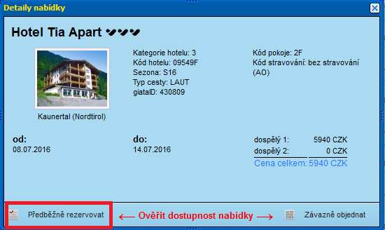 Vytvoření předběžné rezervace: Pokud kliknete na ikonu, zobrazí se detailní