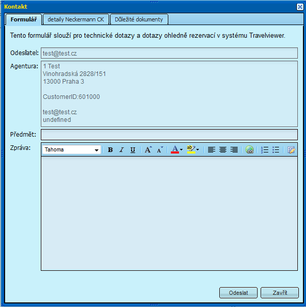 Kontakty a dokumenty Pomocí ikony rezervací v systému Travelviewer. lze odeslat jakýkoliv technický dotaz a dotazy ohledně Ve druhé záložce této ikony najdete detaily CK Neckermann.