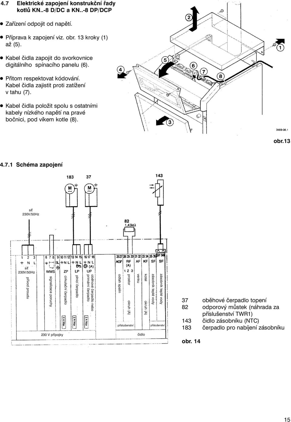 Kabel čidla položit spolu s ostatními kabely nízkého napětí na pravé bočnici, pod víkem kotle (8). obr.13 4.7.