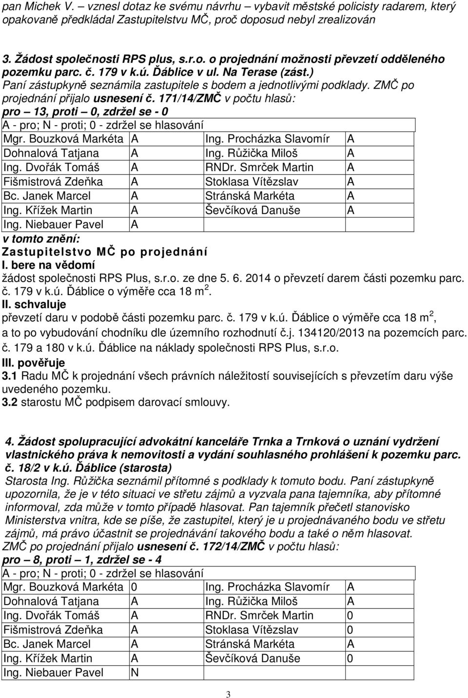 171/14/ZMČ v počtu hlasů: pro 13, proti 0, zdržel se - 0 Mgr. Bouzková Markéta A Ing. Procházka Slavomír A Ing. Dvořák Tomáš A RNDr. Smrček Martin A Fišmistrová Zdeňka A Stoklasa Vítězslav A Ing.