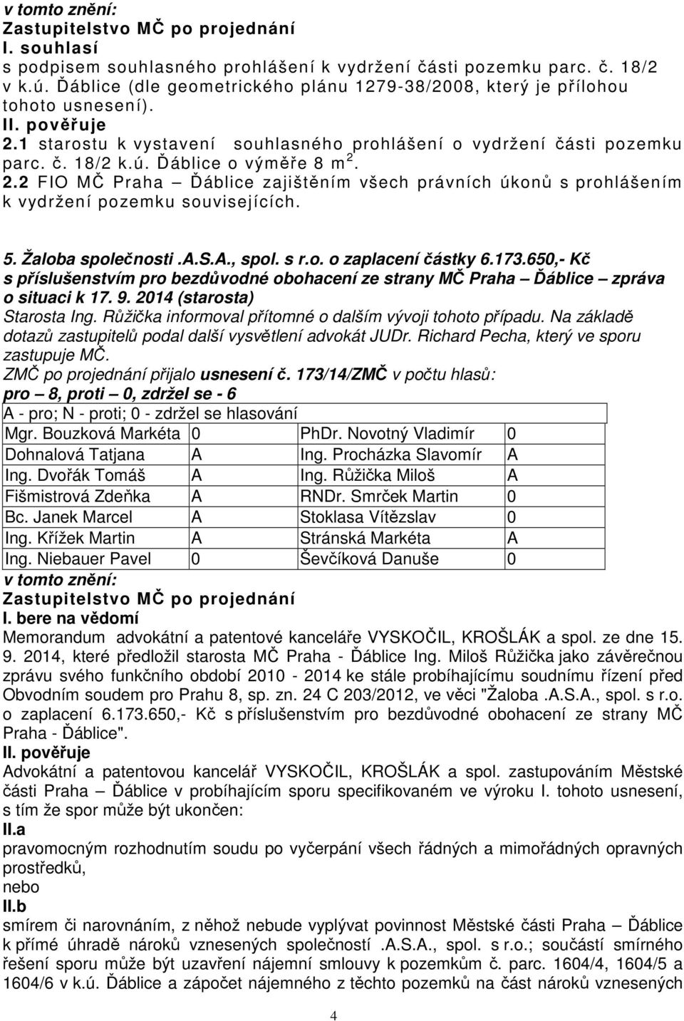 2.2 FIO MČ Praha Ďáblice zajištěním všech právních úkonů s prohlášením k vydržení pozemku souvisejících. 5. Žaloba společnosti.a.s.a., spol. s r.o. o zaplacení částky 6.173.