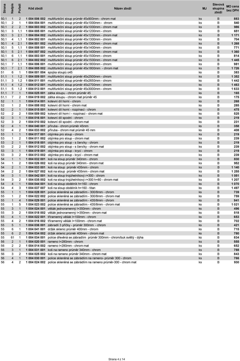 chrom mat ks B 1 171 50,1 4 1,1 1 004 002 001 multifunkční sloup průměr 45x1300mm - chrom ks B 704 50,1 4 2,1 1 004 001 002 multifunkční sloup průměr 45x1300mm - chrom mat ks B 1 268 50,1 5 1,1 1 004
