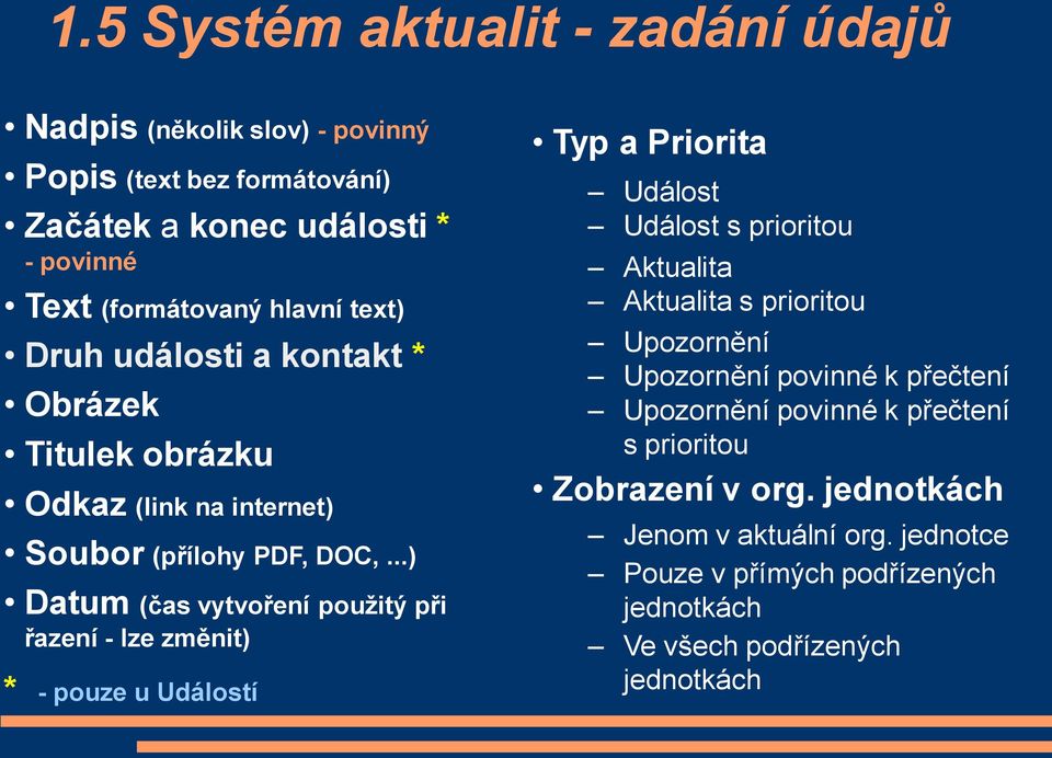 ..) Datum (čas vytvoření použitý při řazení - lze změnit) * - pouze u Událostí Typ a Priorita Událost Událost s prioritou Aktualita Aktualita s prioritou