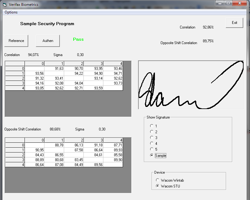 opačné složky akcelerace (Opposite Shift Correlation) mezi aktuálním podpisem a všemi referenčními podpisy určují (porovnáním s prahovými hodnotami) úspěšnost autentizace.