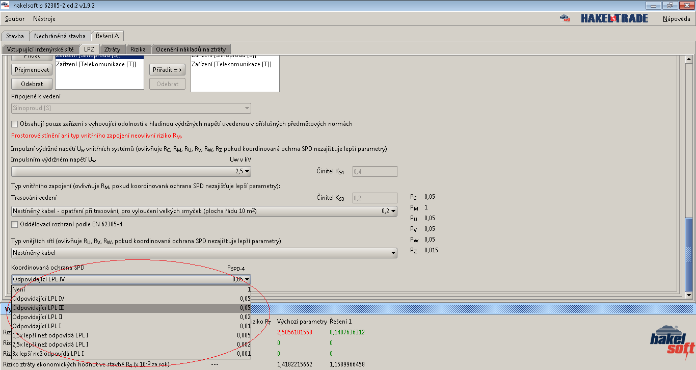 Poznámka: po kontrole v záložce rizika mohu upravovat ochranné prostředky. Kombinací ochrany pomocí LPS a LPL hledám nejúčinnější a nejekonomičtější řešení.