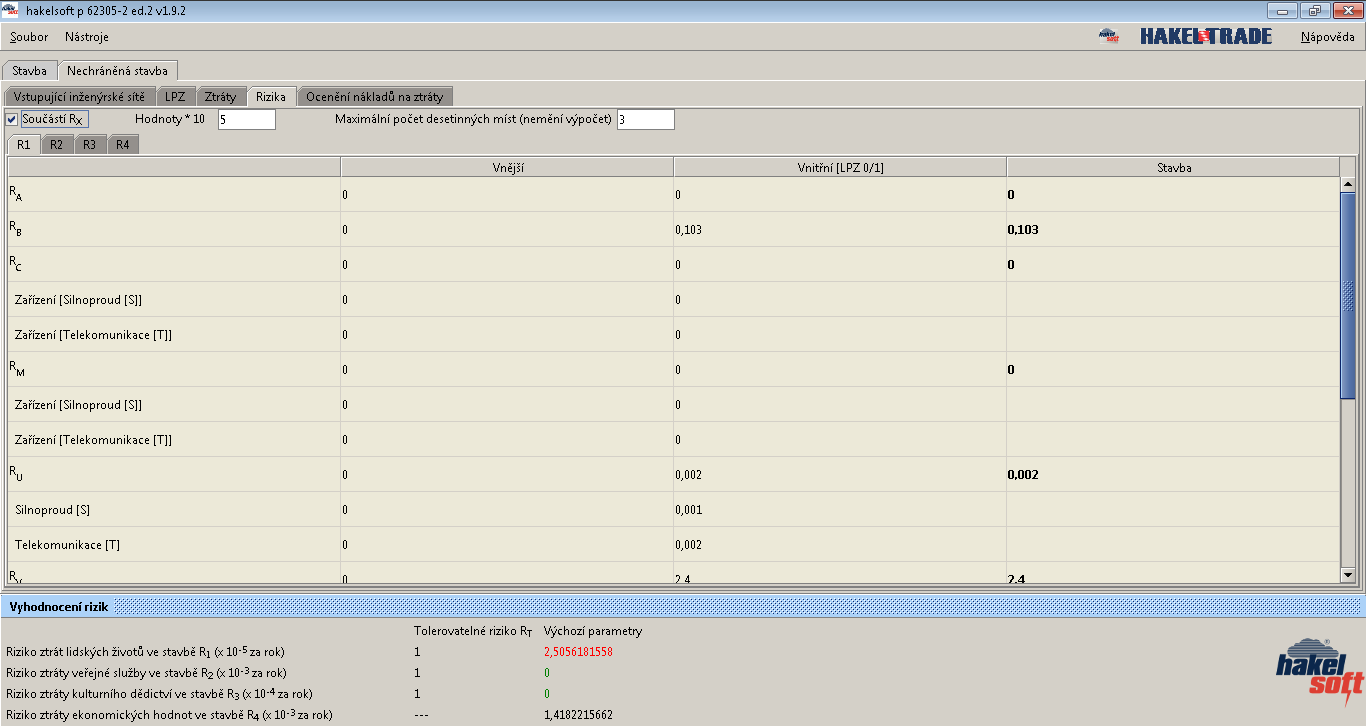 1) kontrola hodnot rizik R1 až R4 (sleduj hodnoty u jednotlivých rizik pro dosazení ochranných opatřeni) /obr12/ obr12 e) ocenění nákladů na ztráty 1) nastavení měny zadám požadovanou měnu