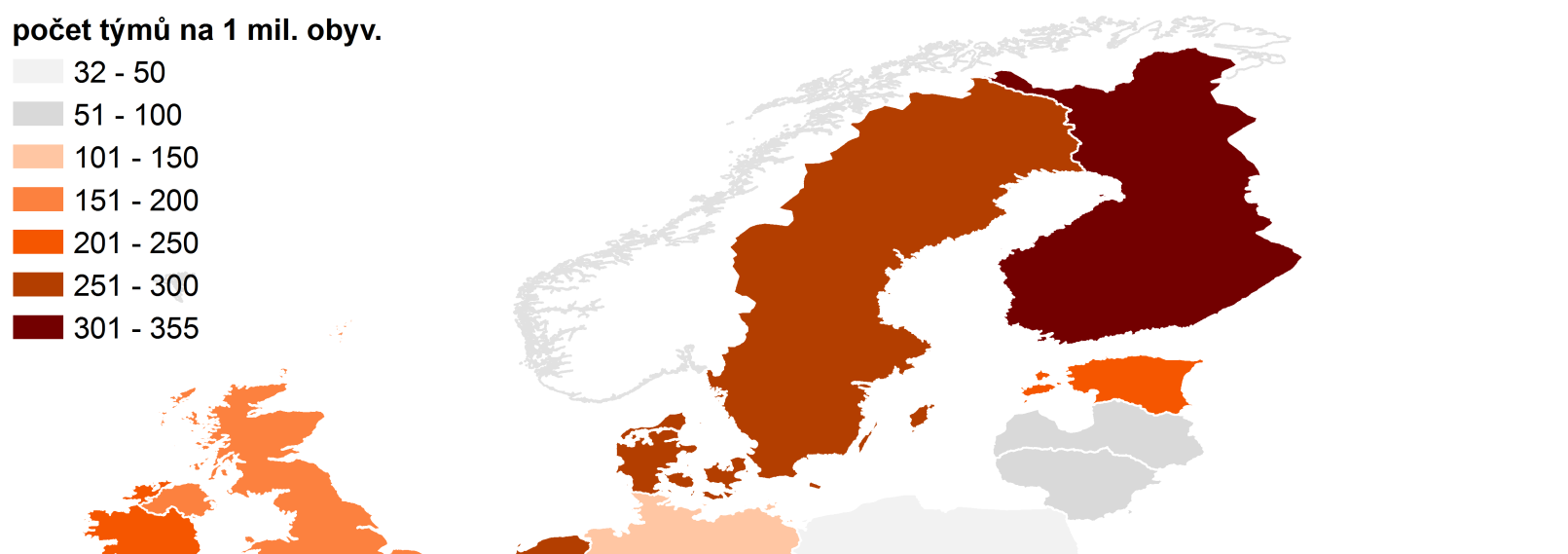 Účast EU v 7. RP dle počtu týmů na 1. mil. obyv.