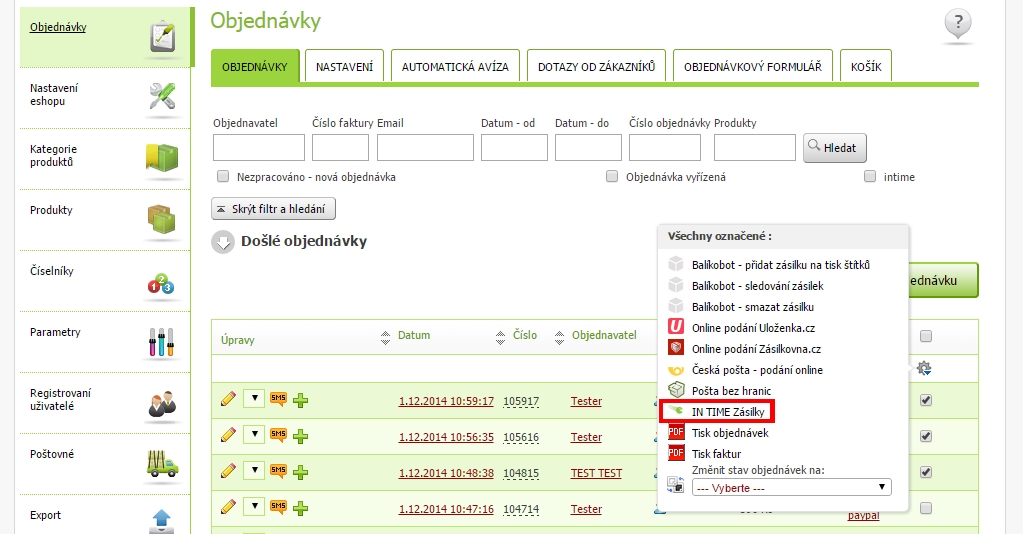 Jak bude možné zpracovávat objednávky v administraci, které zákazníci objednali s dopravou IN TIME?