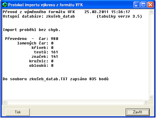 Po stisknutí tlačítka Import katastrální mapy z GeusISKN se do výkresu načte kresba z databází ISKN a zobrazí se protokol importu výkresu z formátu VFK, kde můţeme zjistit, kolik bodů, linií, značek,