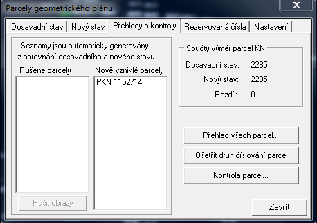 Obr. 21 Formulář Parcely geometrického plánu záloţka Přehledy a kontroly V záloţce Rezervovaná čísla je moţné prohlédnout si rezervovaná parcelní čísla pro nové parcely a také rezervované číslo ZPMZ.