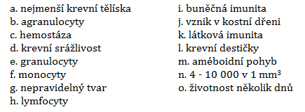 Zadání 12: Do obrazců s názvy leukocyty a trombocyty přiřaďte správné pojmy. Zadání 13: Správně očíslujte podle pořadí jednotlivé jevy. A. Vytvoří se krevní koláč a céva se uzavře. B.