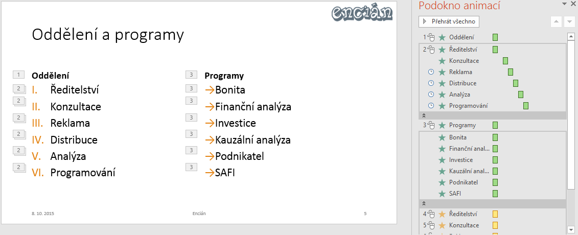 Kapitola 7: Animace 8 Seskupit text seznamu na samostatných řádcích. Klikneme na šipku na konci řádku s animací seznamu, ze zobrazené nabídky vybereme volbu MOŽNOSTI EFEKTU.