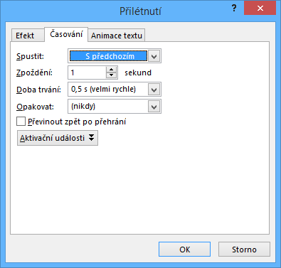 Kapitola 7: Animace 9 Dobu trvání animačního efektu a zpoždění animace lze nastavit přímo v podokně animací. V řádku animace je zobrazen obdélníček 16.