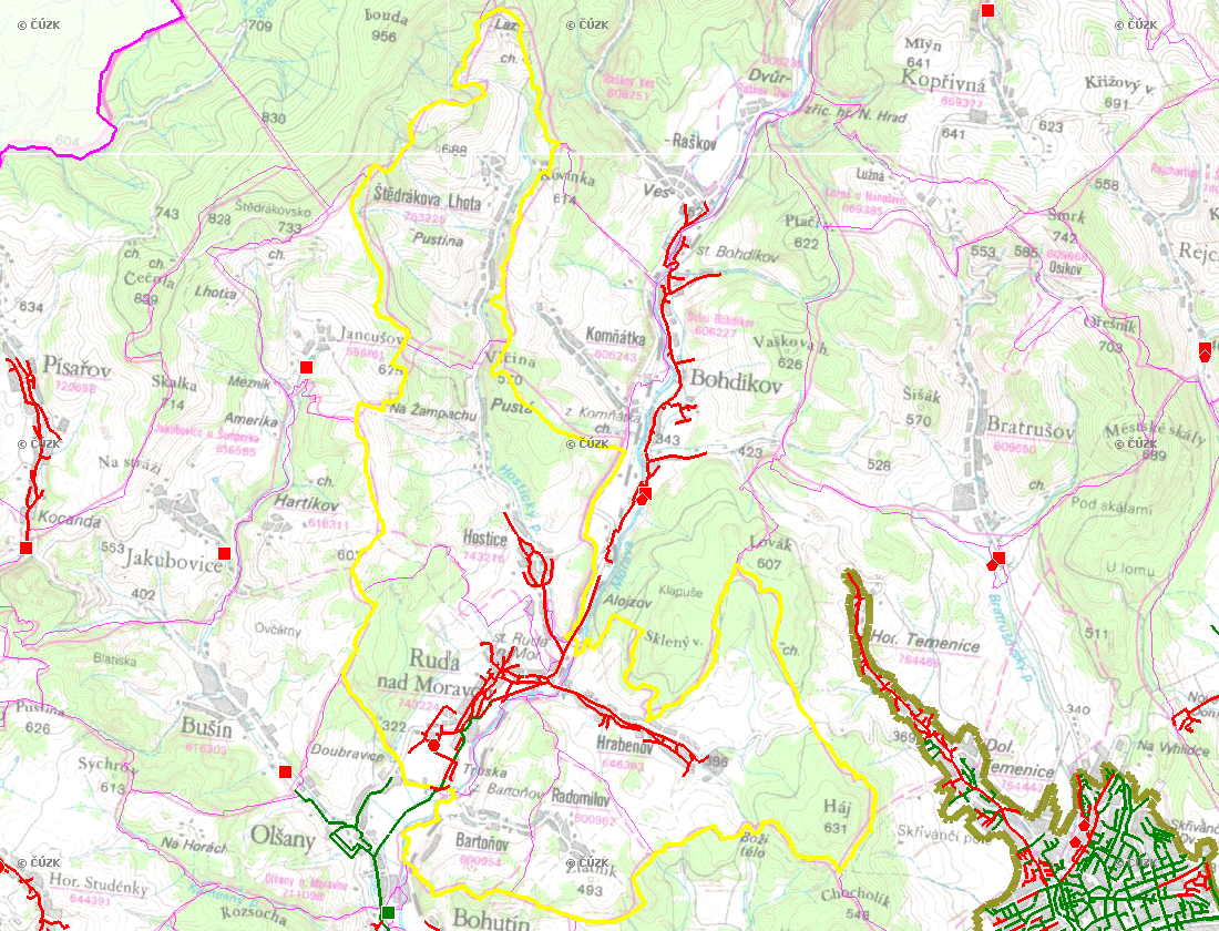 E. KANALIZACE A ČOV Mapa E1: Kanalizace - rozvody v obci Trasování sítí, lokalizace ČOV, čerpací stanice (ČS), výústě Obec: Ruda nad Moravou Legenda: Kanalizace: Ochranné pásmo: Vyústění: do 2015 po