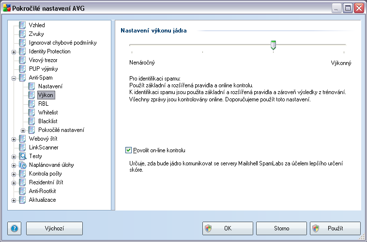 9.7.2. Výkon Dialog Nastavení výkonu jádra (odkazovaný položkou Výkon) nabízí možnost konfigurace parametrů výkonu komponenty Anti-Spam.