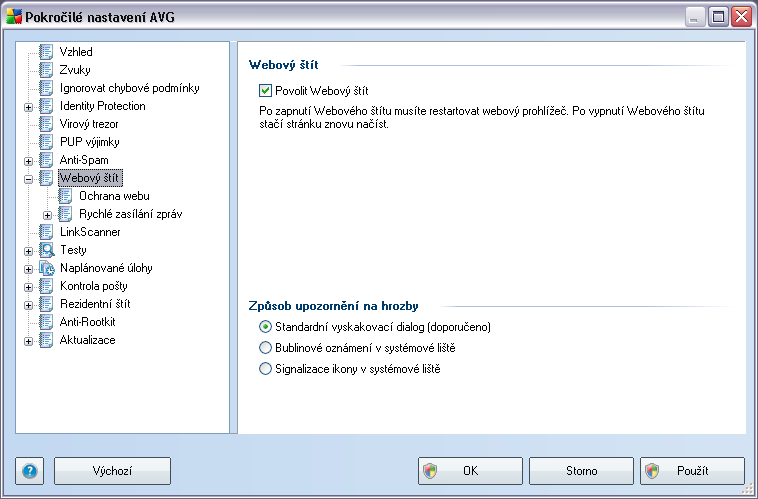 9.8. Webový štít Dialog Webový štít nabízí možnost celkové aktivaci/deaktivaci komponenty Webový štít prostřednictvím označení položky Povolit Webový štít (ve výchozím nastavení zapnuto).