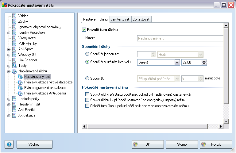 9.11. Naplánované úlohy V sekci Naplánované úlohy máte možnost editace výchozího nastavení Plánu testu celého počítače Plánu aktualizace virové databáze Plánu programové aktualizace Plánu aktualizace