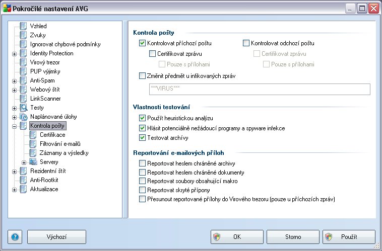 9.12. Kontrola pošty Dialog Kontrola pošty je rozdělen do tří sekcí: Kontrola pošty - v této sekci zvolte, zda chcete kontrolovat příchozí/odchozí poštu a zda má být pošta certifikována vždy nebo jen