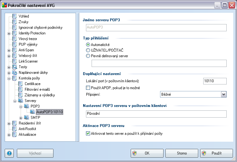 V tomto dialogu (odkaz Servery / POP3) nastavujete server Kontroly pošty s protokolem POP3 pro příchozí poštu: Jméno serveru - zvolte jméno serveru nebo ponechejte přednastavený název AutoPOP3 Typ