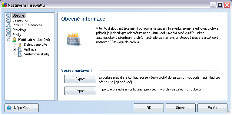 10. Nastavení Firewallu Konfigurace Firewallu se otevírá v samostatném okně, kde můžete na několika dialozích nastavit velmi pokročilé parametry komponenty.