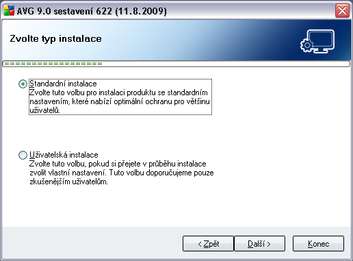 5.4. Zvolte typ instalace Dialog Zvolte typ instalace vám dává na výběr mezi standardní a uživatelskou instalací.