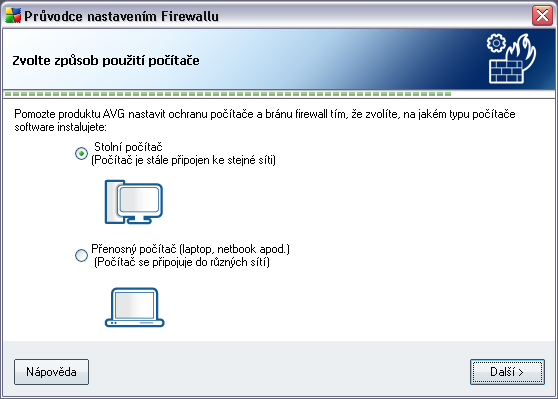 Doporučujeme podržet se výchozího nastavení. Pokračujte stiskem tlačítka Další. 5.12. Zvolte způsob použití počítače V tomto dialogu se Průvodce nastavením Firewallu ptá, jaký druh počítače používáte.