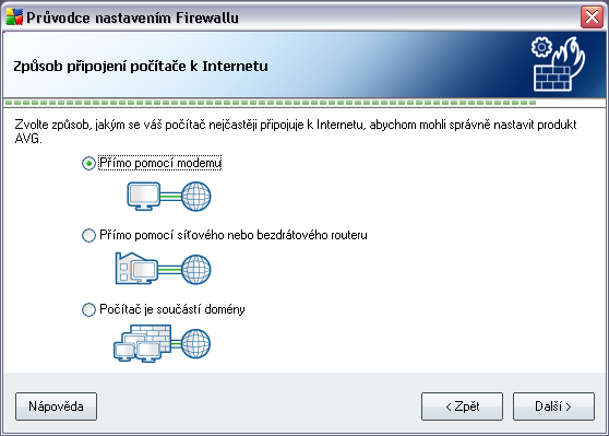 5.13. Způsob připojení počítače k síti Průvodce nastavením Firewallu se v tomto dialogu dotazuje na způsob připojení vašeho počítače k Internetu.