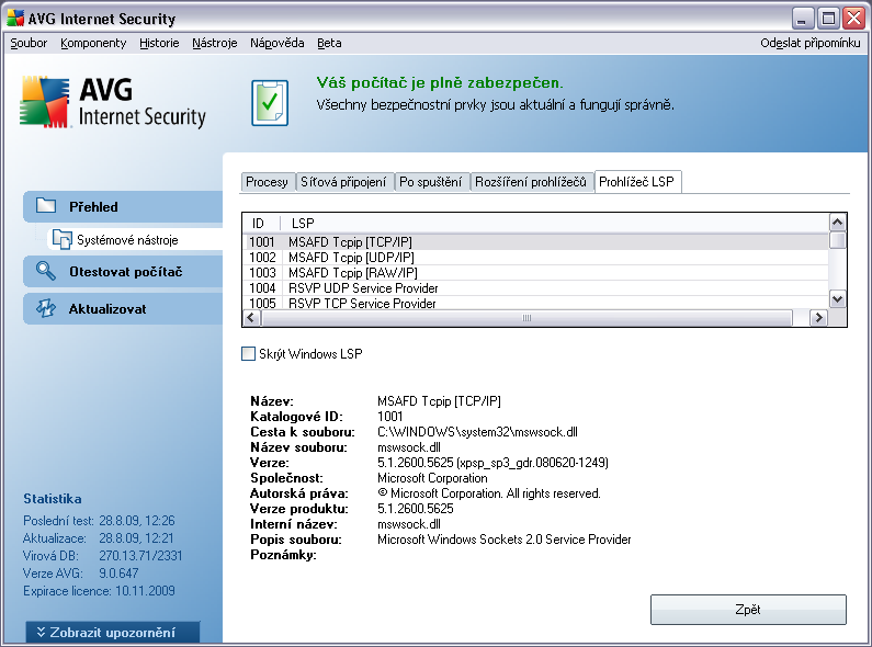 8.6.5. Prohlížeč LSP Dialog Prohlížeč LSP - zobrazuje seznam Layered Service Providers (LSP).