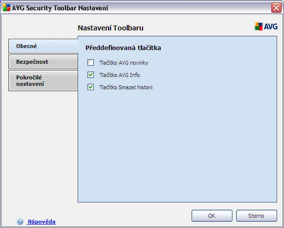 Na této záložce máte možnost označit, která tlačítka v panelu AVG Security Toolbar si přejete zobrazit nebo naopak skrýt: o Tlačítko AVG novinky - touto volbou zobrazíte tlačítko AVG Novinky.