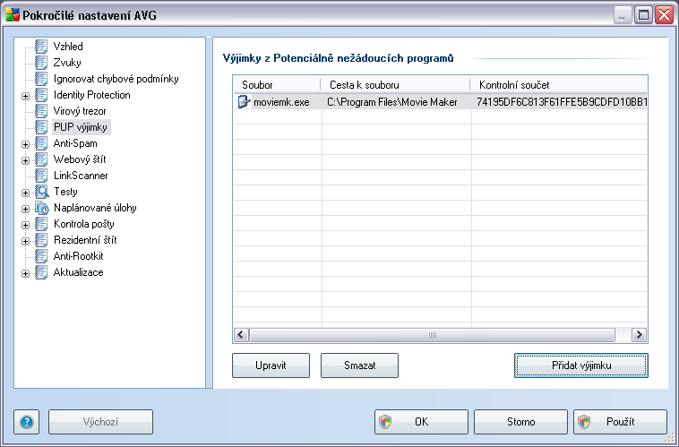 Maximální počet souborů v trezoru) 9.6. PUP výjimky AVG 9 Internet Security má schopnost analyzovat spustitelné programy, případně DLL knihovny, a určit, které z nich by mohly být nežádoucí (např.
